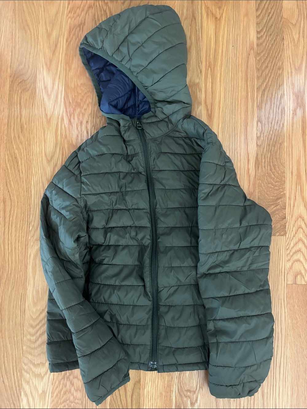 GAP Olive Green Hooded Puffer Jacket with Navy Lining